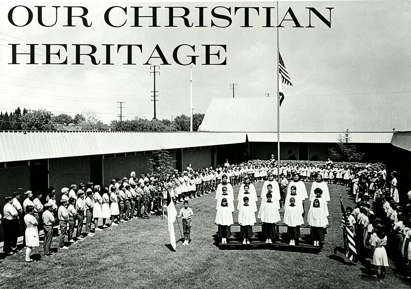 A yearbook spread titled Our Christian Heritage showing a school assembly
