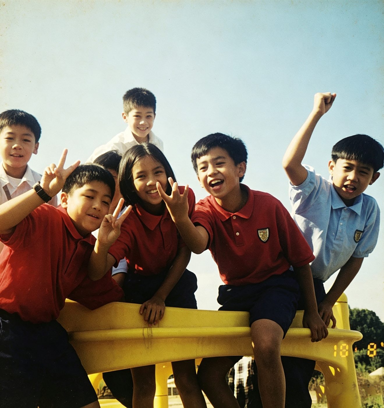 Students cheer on the playground structure